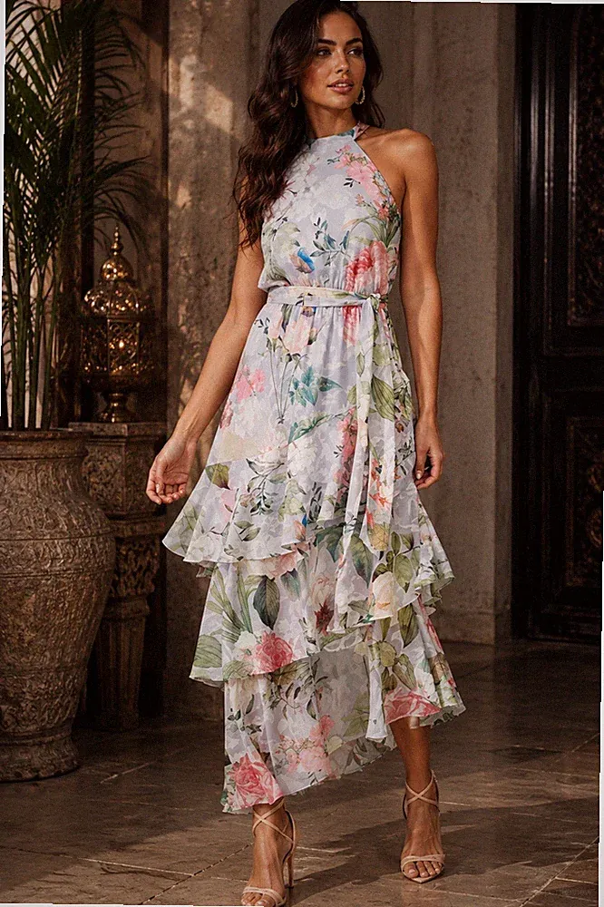 Lipsy blau Blumen Midikleid Größe 16 Hochzeit Gast Party Rüschen Neckholder
