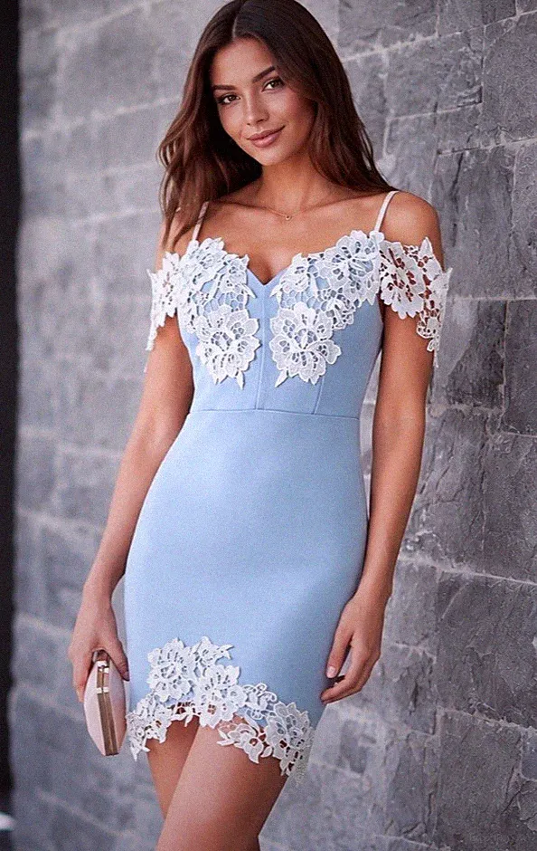 Lipsy blau weiß Bodycon Kleid 12 Party Anlass Spitze Schulterfrei Hochzeit Gast