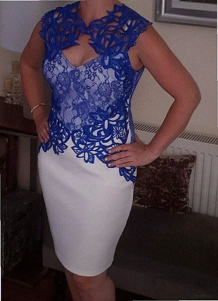 Lipsy blau weiß Bodycon Kleid Größe 16 Spitze Party Anlass Hochzeit Gast