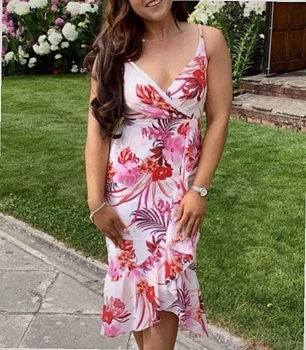 Lipsy Blumen Midi Wickelkleid 16 UK Creme Rosa Rüschen Party Hochzeit Gast Sommer