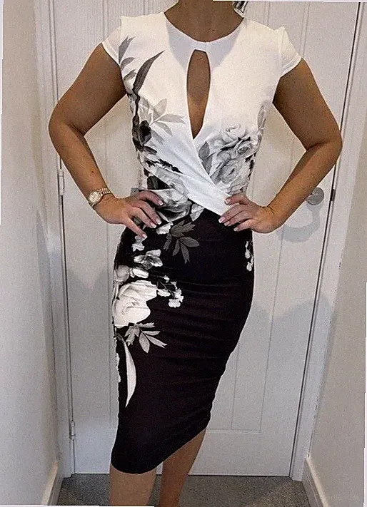 Lipsy Bodycon-Kleid Blumenmuster schwarz weiß Größe 16 Midi Party Hochzeit Gast Anlass