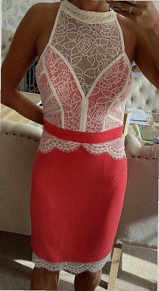 Lipsy Bodycon Kleid Größe 14 Koralle Creme Weiß Spitze Party Hochzeit Gast Anlass