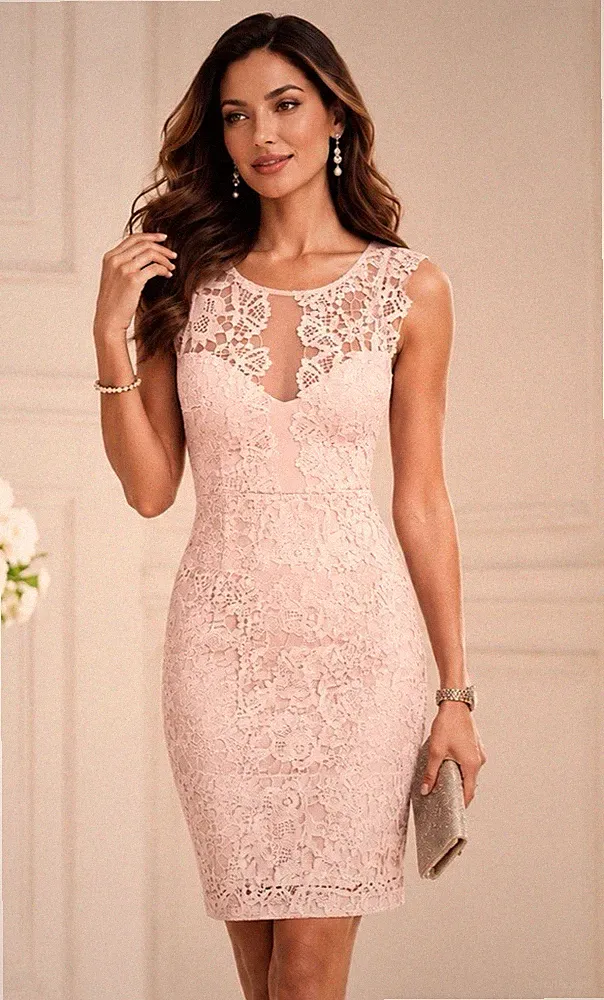 Lipsy Bodycon-Kleid rosa nude Größe 14 Spitze Anlass Hochzeit Gast Abend Party