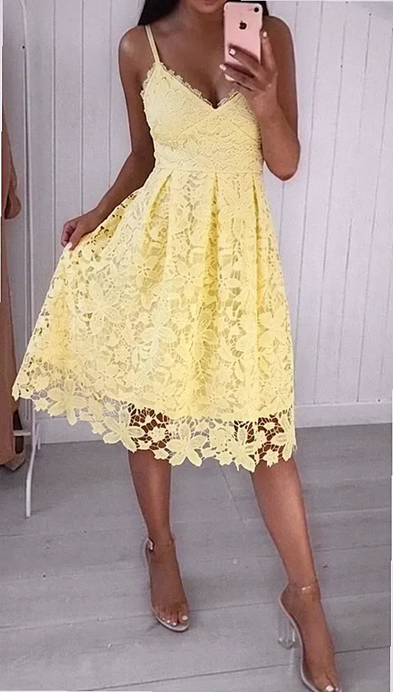 Lipsy gelb Spitze Skater Midikleid 10 UK Anlass Hochzeit Gast Party Sommer