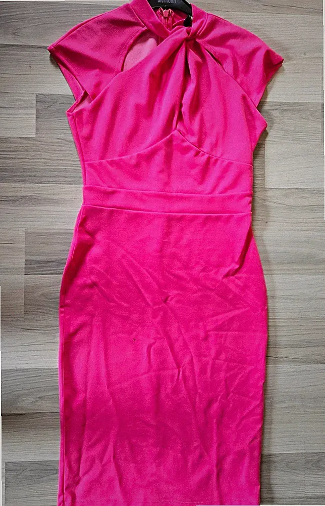 Lipsy London Damen Etuikleid Pink Midi Schleife Cap-Ärmel Stehkragen Gr. 40, NEU