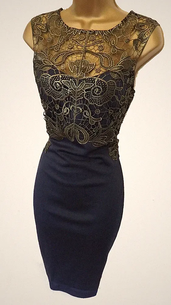 Lipsy Marineblau Gold Spitze Bodycon Midikleid 12 Party Anlass Hochzeit Gast