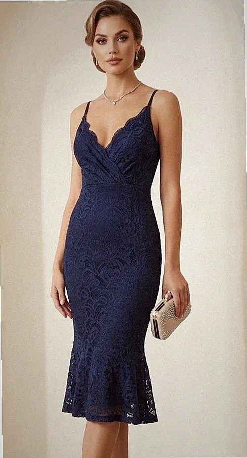 Lipsy marineblau Spitze Midi Bodycon Kleid 10 Party Anlass Hochzeit Gast Flötensaum
