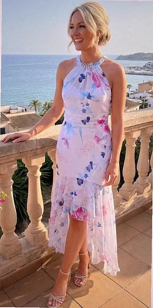 Lipsy Maxikleid blau Blumen 12 UK Neckholder Anlass Hochzeit Gast Party Tauchsaum
