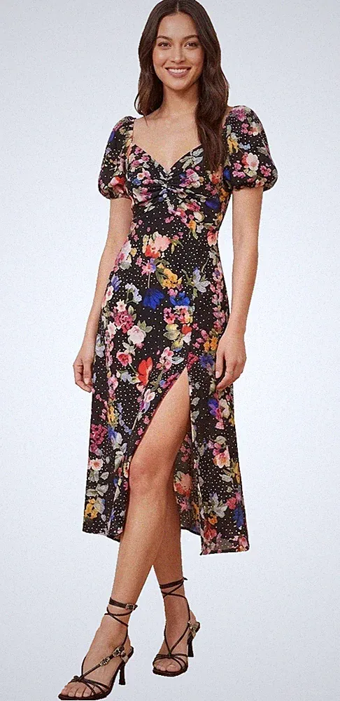 Lipsy Midikleid Blumen Größe 18 Puffärmel schwarz bunt Party Sommer Seitenschlitz