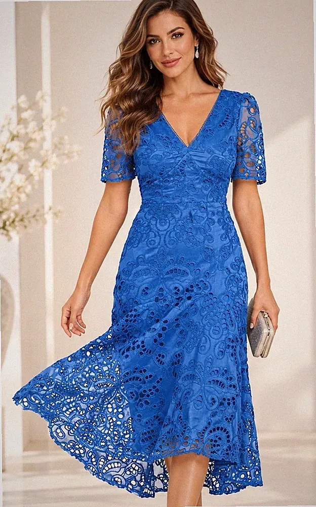 Lipsy Premium VIP blau Spitze Midi Lochstickerei Kleid 14 Anlässe Party Hochzeit Gast