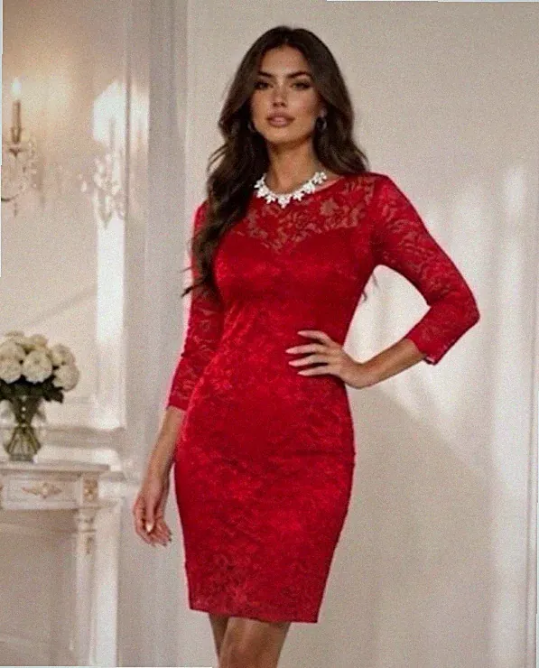 Lipsy rotes Spitzenkleid Größe 16 UK Anlass Party Hochzeit Gast 3/4-Arm Abend