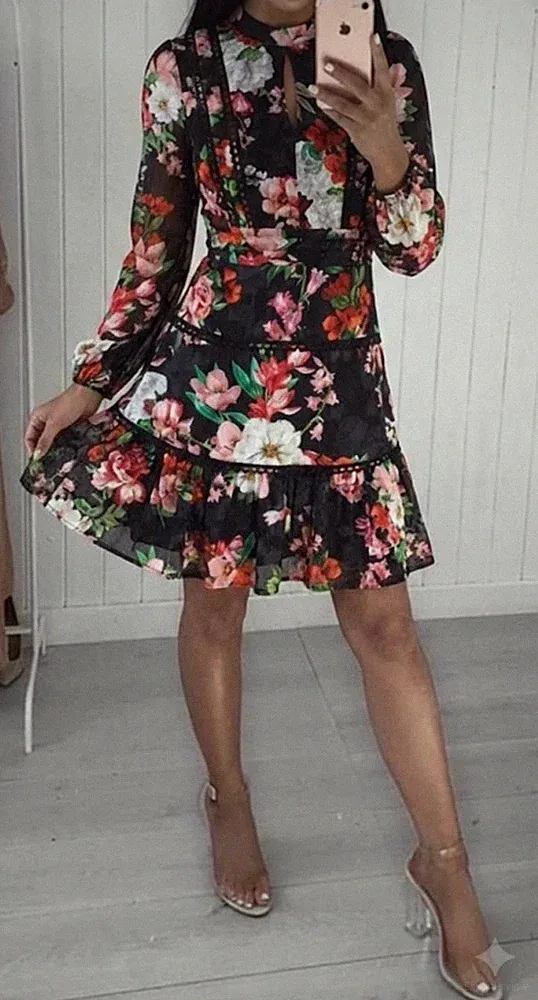 Lipsy schwarz Blumen Bodycon Kleid 12 Hochzeit Gast Party Langarm bestickt