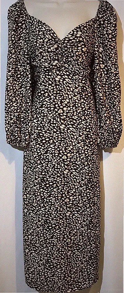 Lipsy schwarz braun Midi Kleid Gr. 14 Animal Print Schulterfrei Gerafft Brust Neu
