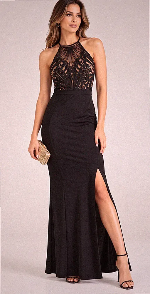 Lipsy schwarz Maxikleid 16 Neckholder Spitze Party Anlass Abend Hochzeit Gast Weihnachten