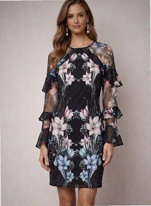 Lipsy schwarz Spitzendetail Rüschen Langarm Swing Kleid 12 Anlässe Hochzeit Gast
