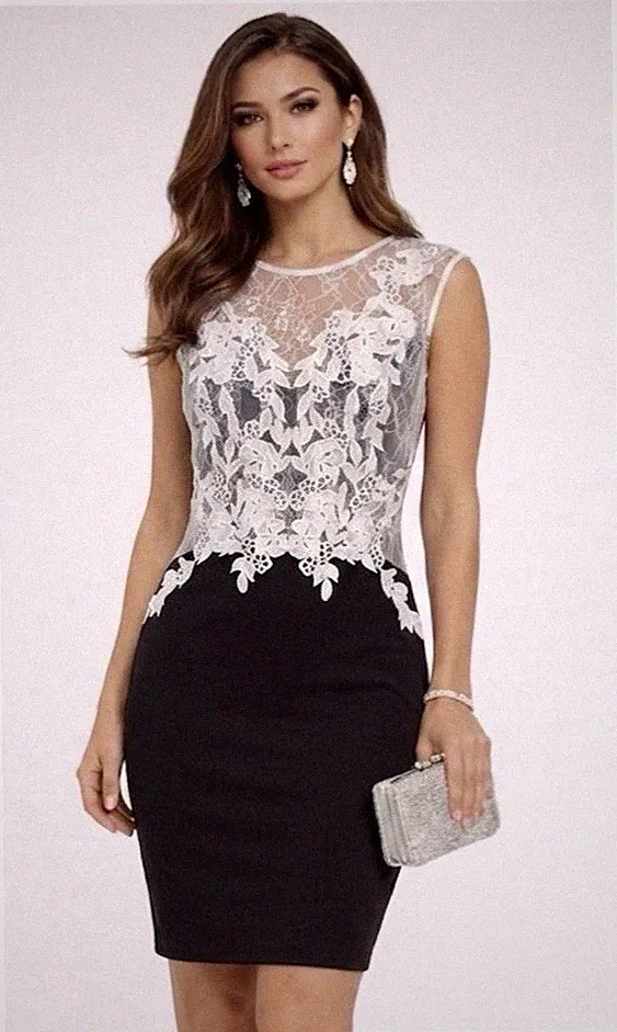 Lipsy schwarz weiß Bodycon Kleid Größe 16 Spitze Anlass Party Hochzeit Gast