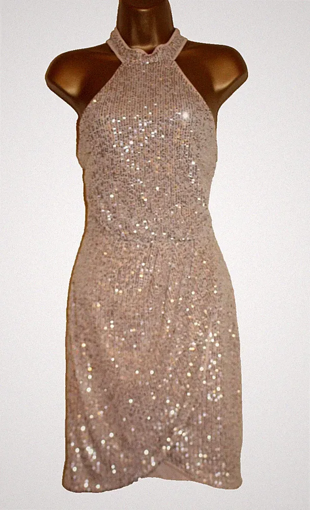 Lipsy Silber Pailletten Gold Neckholder Kleid UK 16 Party Abschlussball Hochzeit Gast