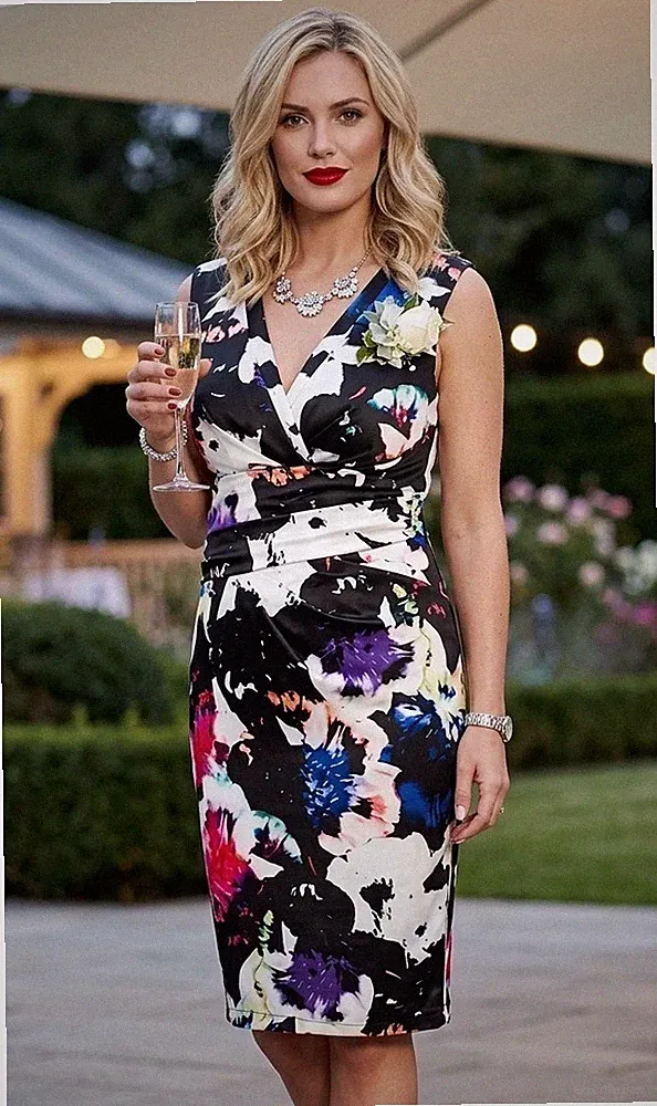 Lipsy VIP Floral Bodycon Kleid 8 Hochzeitsgäste Sommer V-Ausschnitt Mehrfarbig Satin