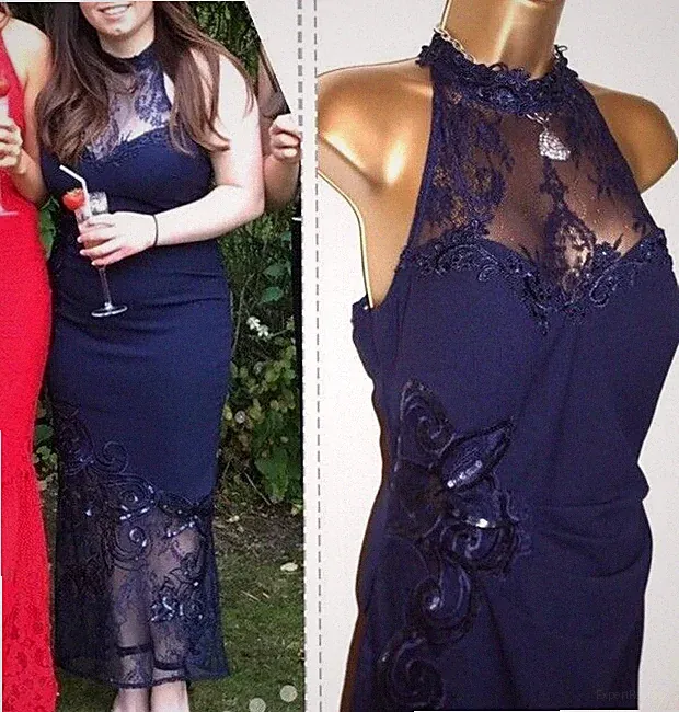 Lipsy VIP Maxikleid marineblau 16 UK Spitze Abendkleid Party Anlass Hochzeit Gast