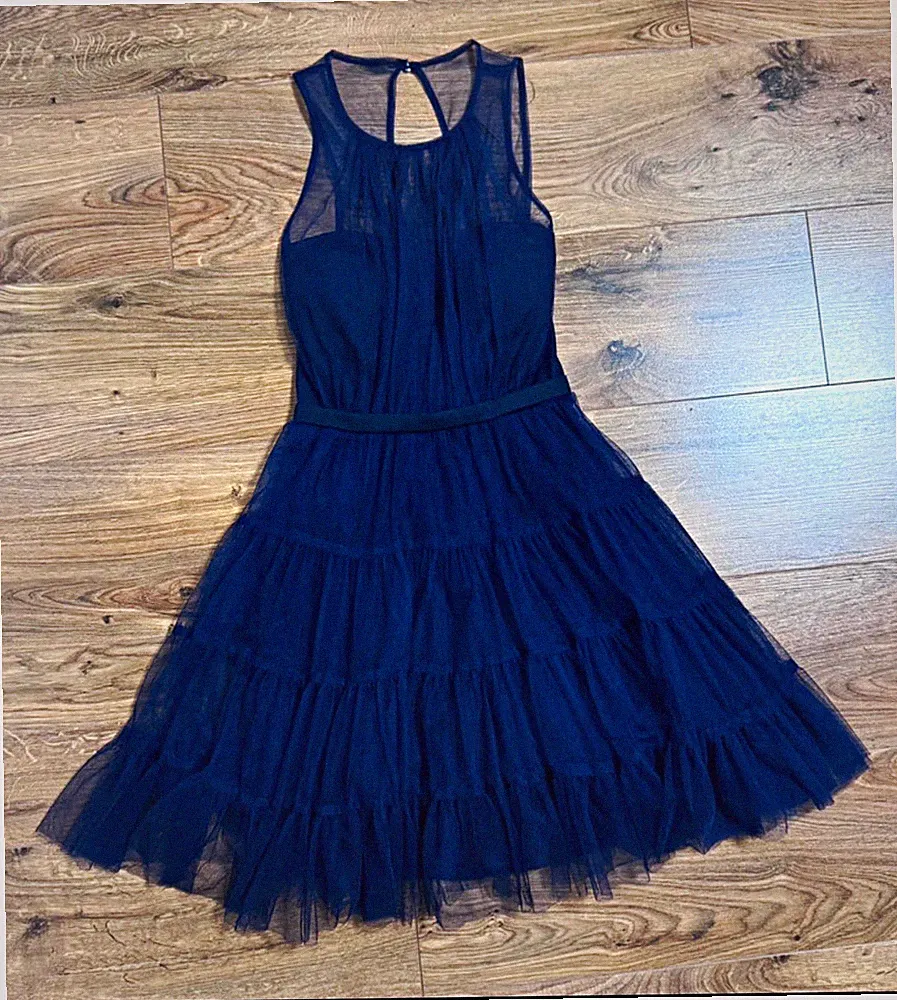 Little Mistress Damen A-Linien-Kleid kurz blau Mesh/Tüll ärmellos Gr. 38