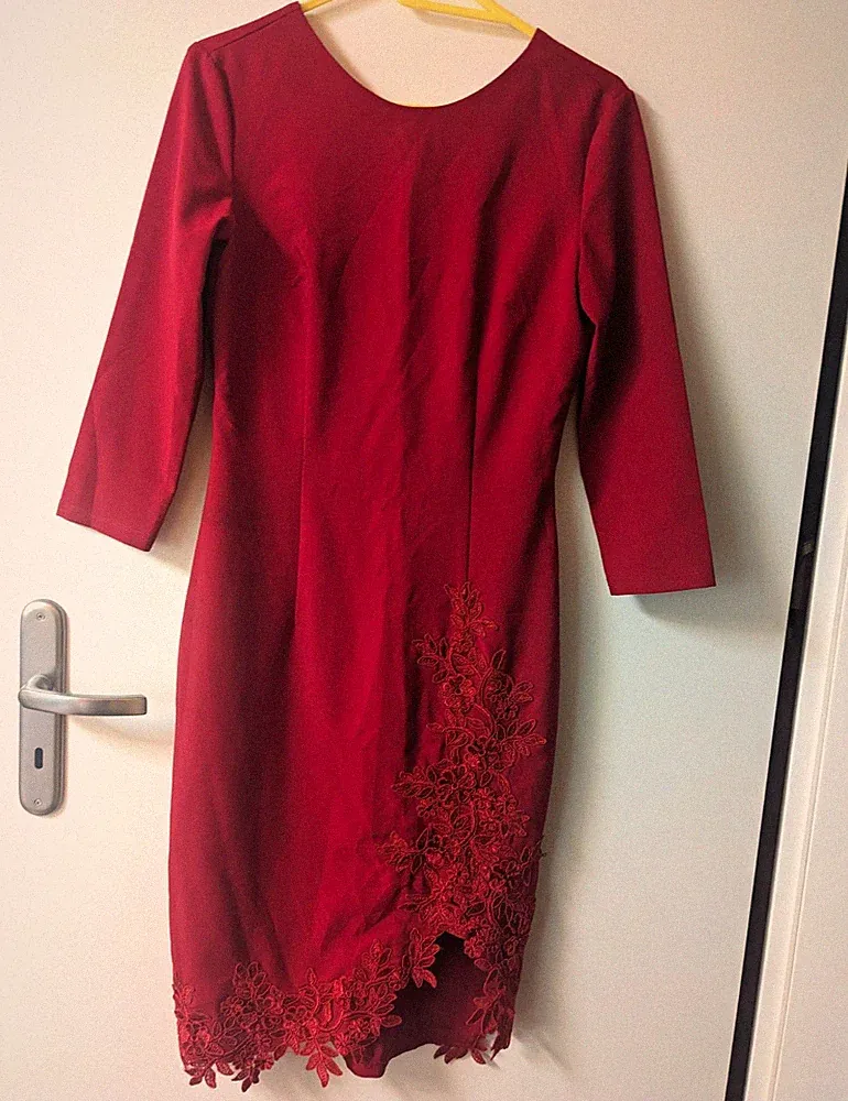 Little Mistress Damen Etuikleid rot knie lang Rundhals 3/4 Spitze RV Gr.40