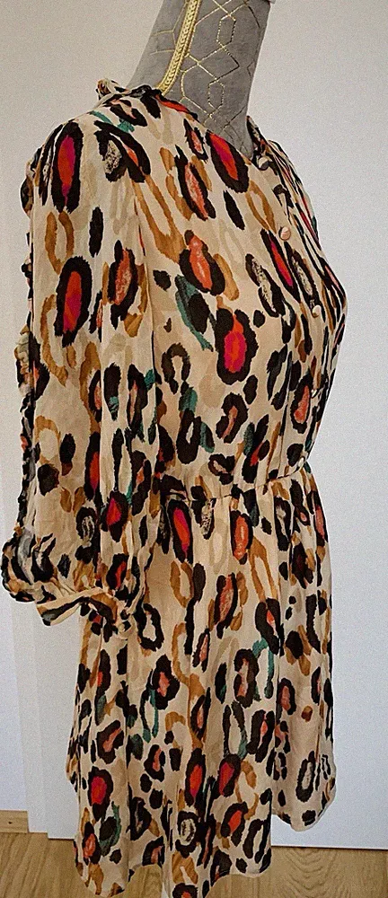 LIU JO A-Linien Kleid kurz Gr. 38 Leopard Chiffon V-Ausschnitt 3/4 Ärmel
