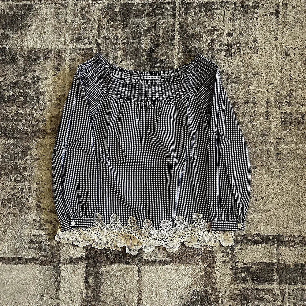 Liu Jo Damen Gingham Baumwolle Bluse schulterfrei blau weiß Spitze Top M