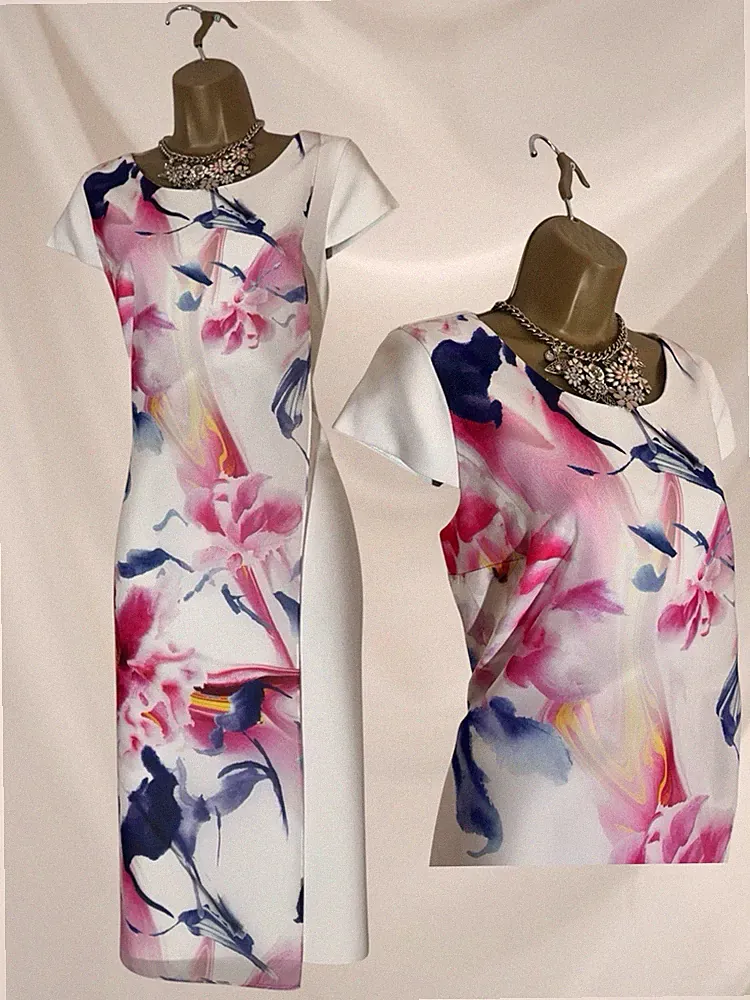 Lizabella Größe 10 neu mit Etikett weiß rosa Blumen Etuikleid Hochzeit Gast Rennen