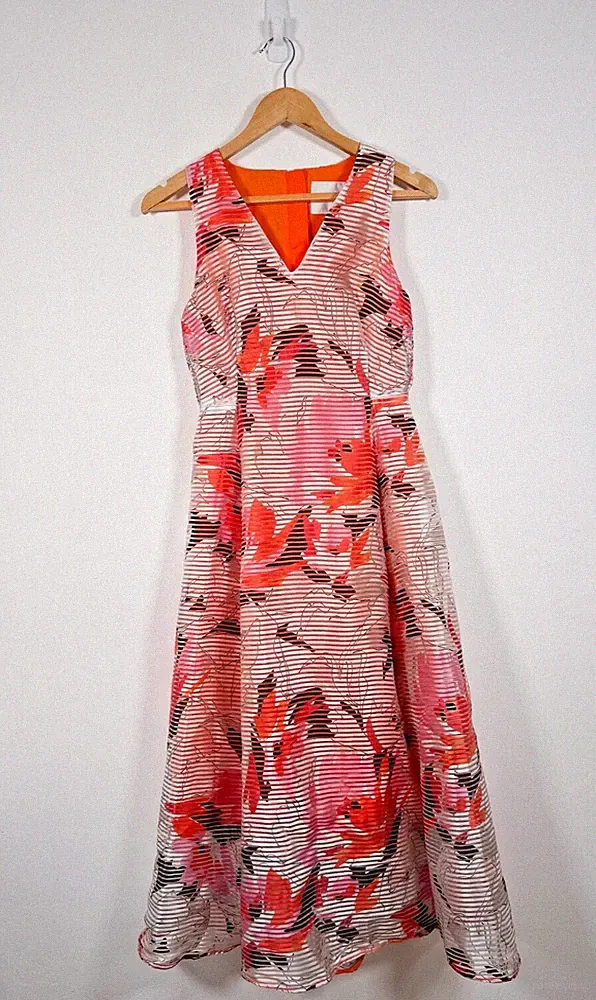 LK Bennett Kleid UK 8 Orange Midi Blumen Anlass Hochzeit Gast Prula Seidenmischung