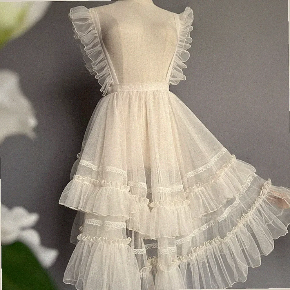 Lolita Damen Mädchen Trägerkleid Rüschen Spitze Netz transparent hohe Taille süß Retro Chic