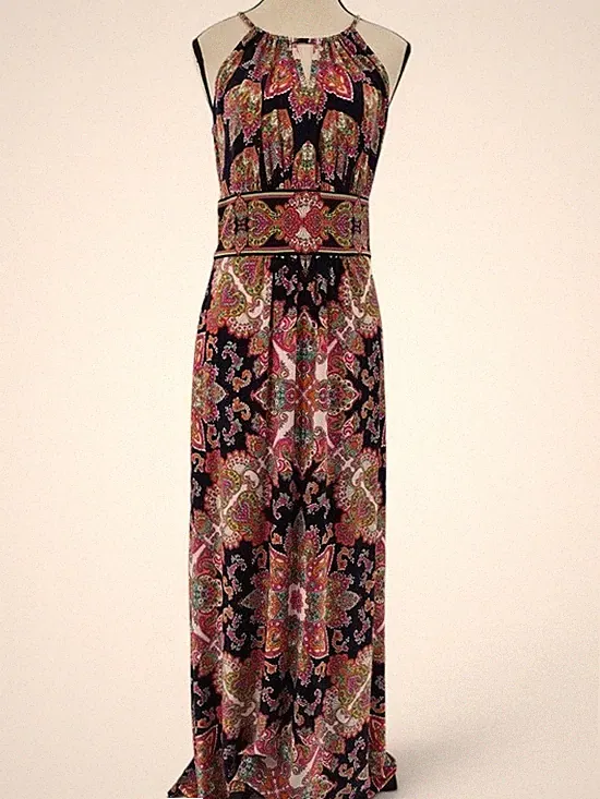 London Times Navy Pink Paisley Halter Maxi Dress 6 Halter Neck Wedding Guest