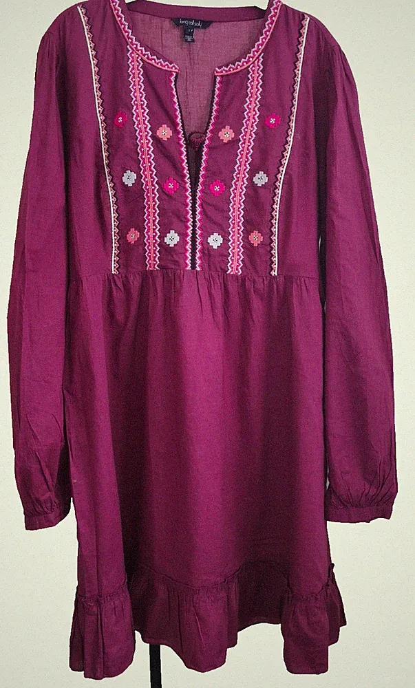 Long Tall Sally Kleid Gr. L Bordeaux 100% Baumwolle Stickerei Boho Tunika Sommer