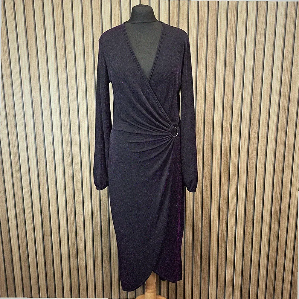 Long Tall Sally Midikleid schwarz lila Glitzer UK 16 Langarm geraffte Taille