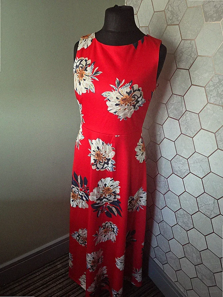Look Again Maxikleid rot Blumen Stretch UK 12 ärmellos Anlass Hochzeit Gast