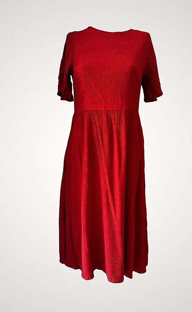 Louche Damen Kleid rot Midi A-Linie Flügelärmel Cut-Out Bindeverschluss XL