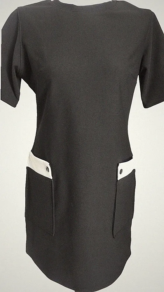Love Her Madly schwarzes Etuikleid UK12 Stretch knielang Taschen-Detail Mod-Stil