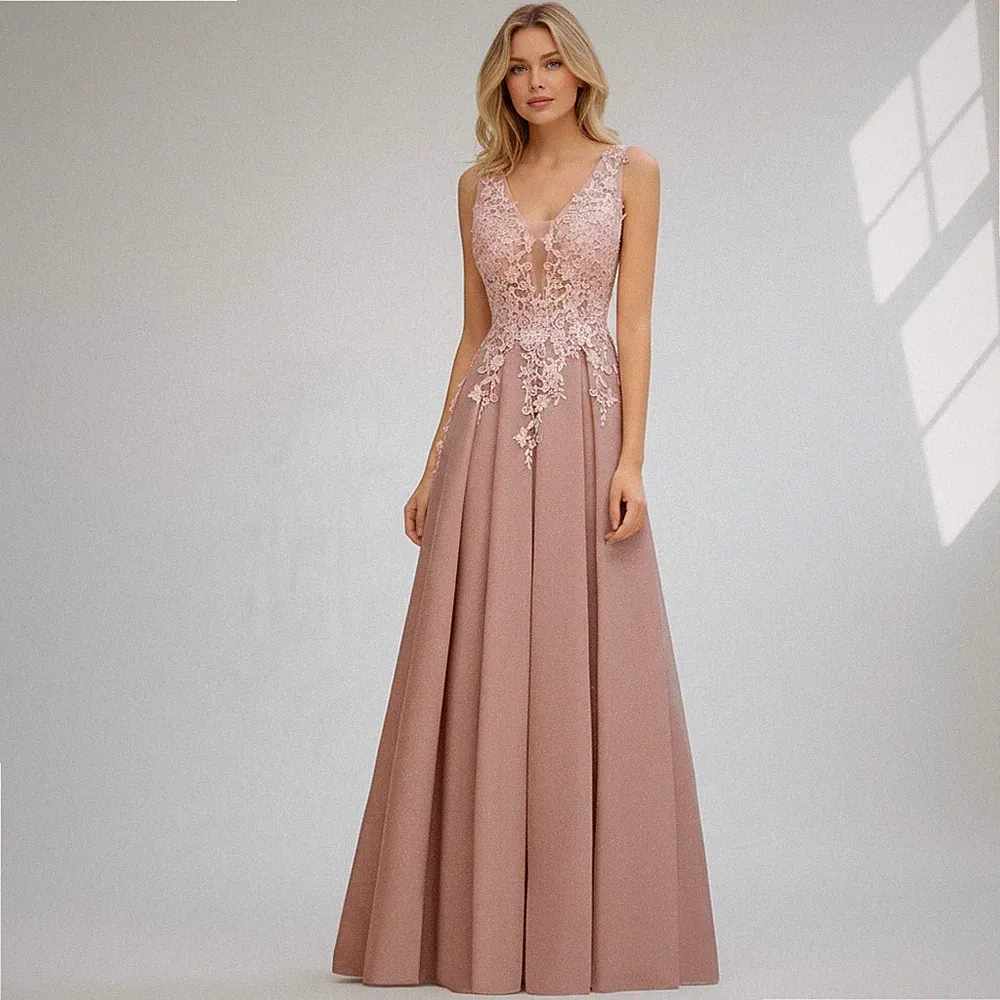 LoveaParis Luxus Dusty Rose Spitze Illusion A-Linie Maxikleid Abschlussball Hochzeit