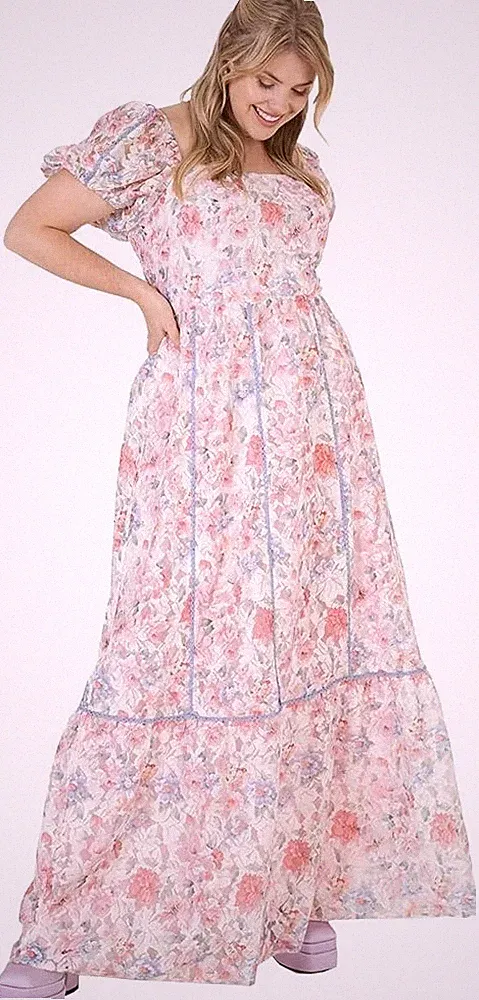 Lovedrobe Luxe Maxikleid rosa Blumen Spitze UK 16 neu mit Etikett Übergröße Hochzeitsgast