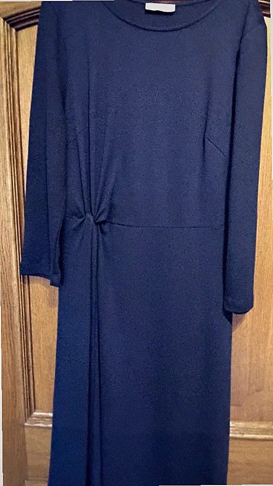 lovely Damen Midi Kleid A-Linie blau unifarben Langarm Rundhals Knoten Gr 42