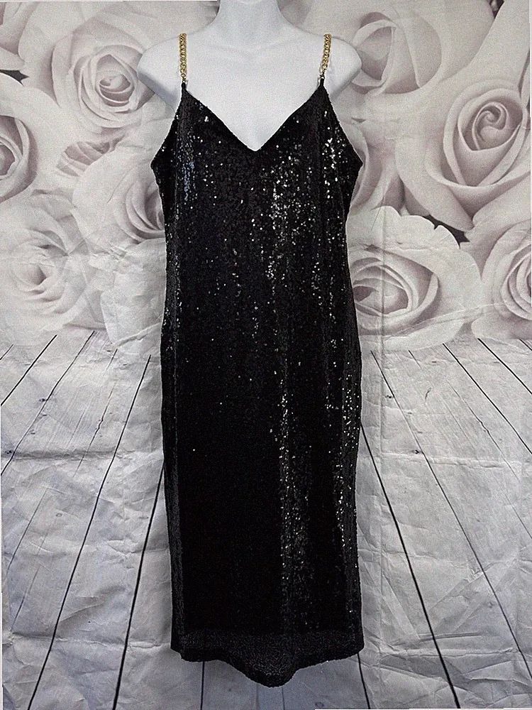 LTS Pailletten Party Etuikleid schwarz Gr. 14 gold Kette Träger Abend Party Glam
