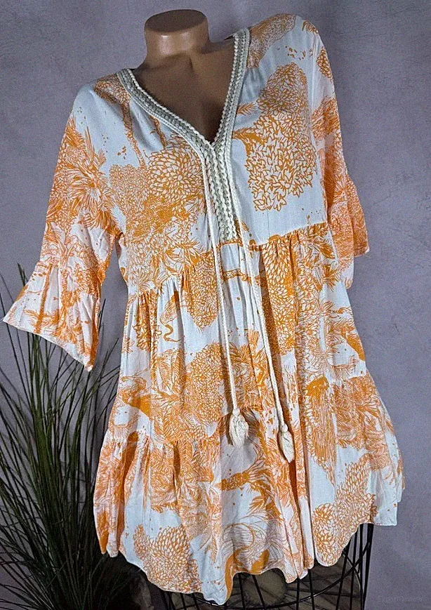 luftiges A-linie sommer KLEID Stufen Tunika Italy Quasten W/ ORANGE 40 42 44