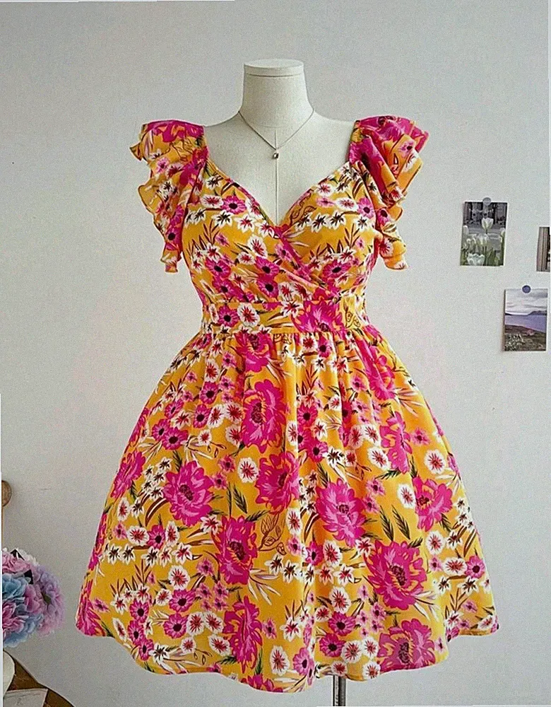Luftiges Sommerkleid Bunt Blumenmuster Größe 50/52 Plus Size