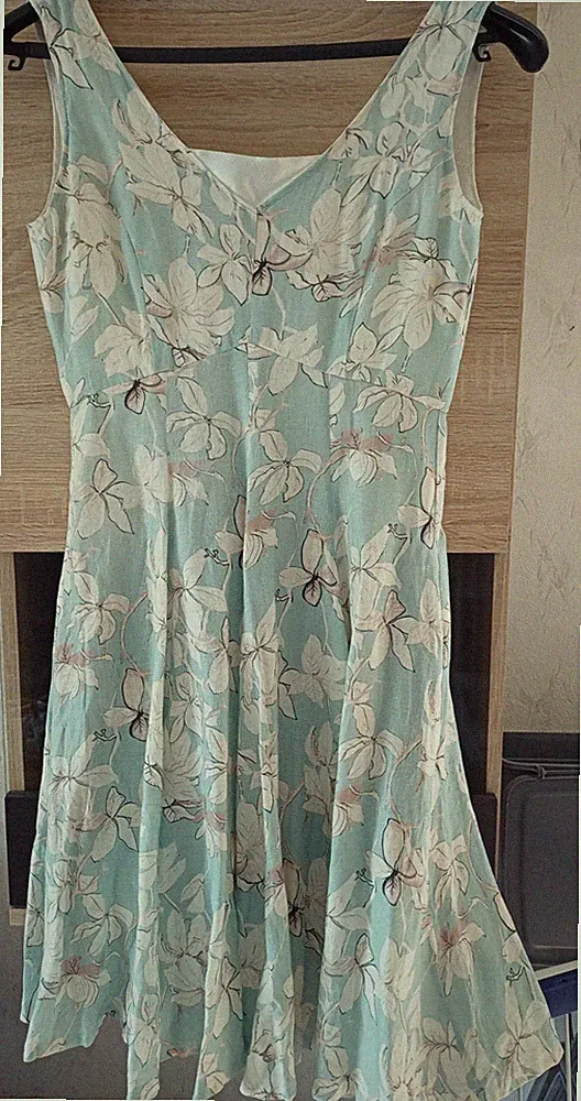 Luftiges Sommerkleid Türkis-Beige aus Leinen Selbstgenäht Gr. S Unikat