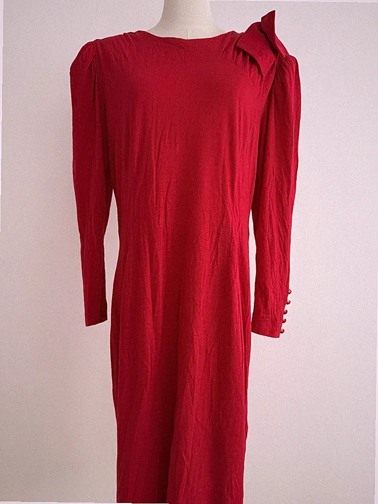 Luisa Spagnoli Kleid Rot Wolle Schleife Schulter Midi Elegant Gr. L