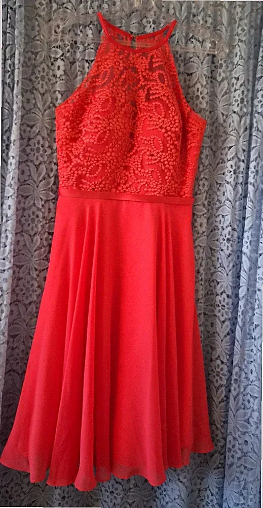 LUXUAR LIMITED Damen Neckholder-Kleid Spitze rot kurz A-Linie Gr. 34 RV