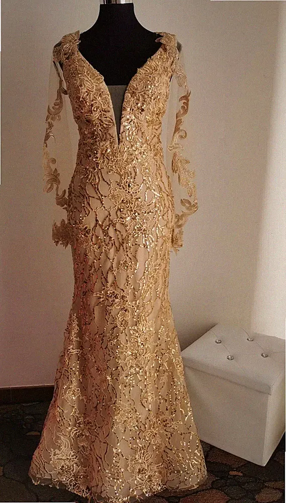 Luxus Kleid Meerjungfrau Pailletten Gr.42 + Schulterüberwurf Gold Wedding Braut Zeremonie