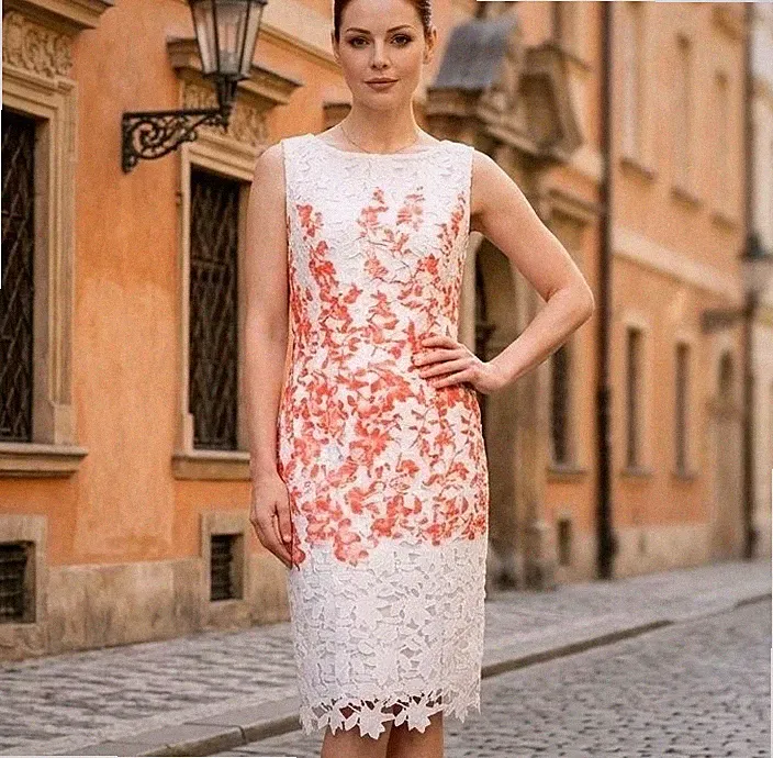M&Co Boutique korallenweiß Spitze Bleistiftkleid UK 12 Hochzeit Gast Rennen neu mit Etikett