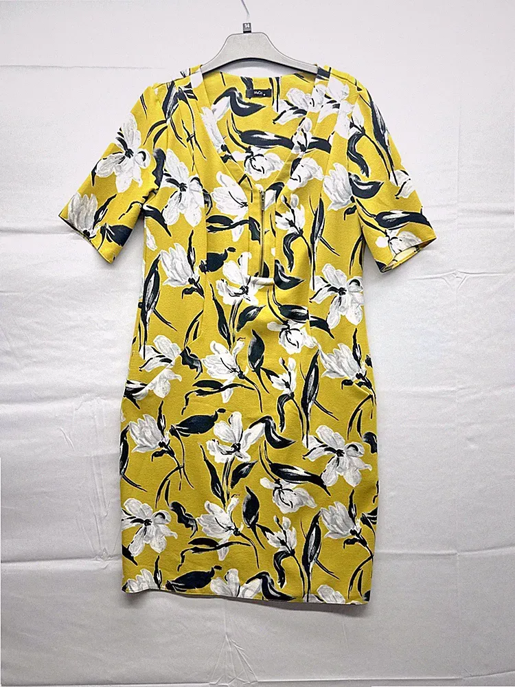 M&Co Damen Blumen Kleid Größe 10 Kurzarm V-Ausschnitt 1/4 Reißverschluss Stretch Taschen