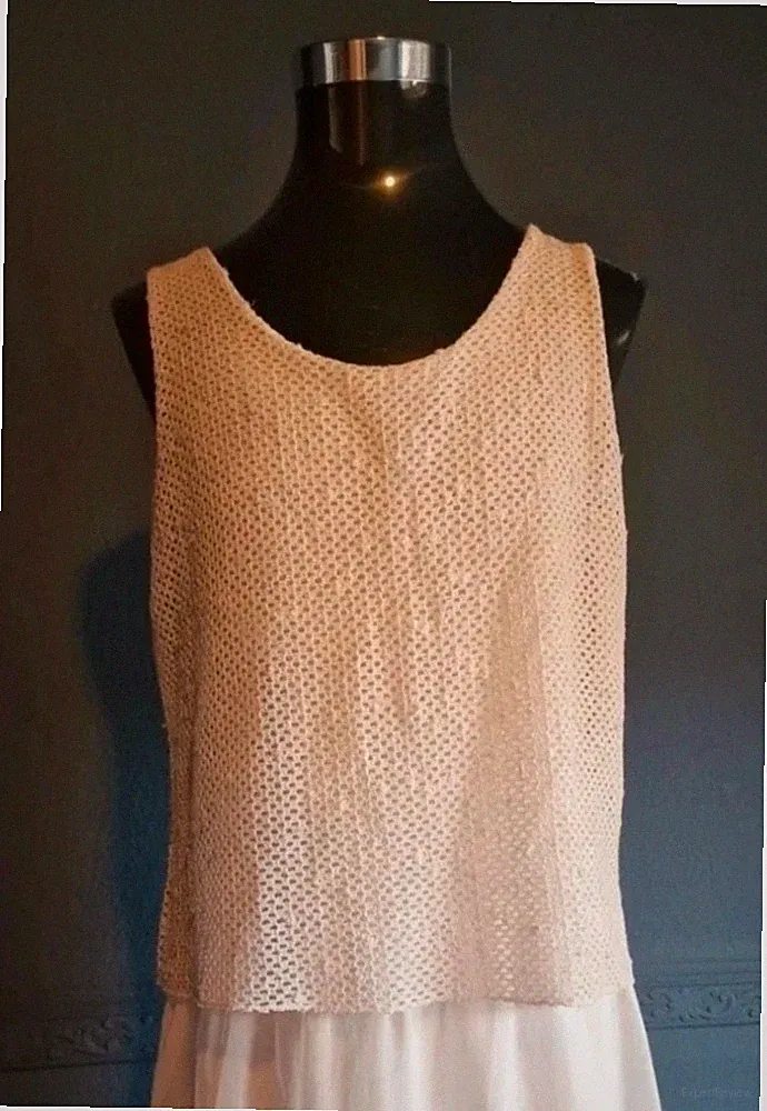 M&D Damen A-Linien-Kleid L Grau/Beige/Weiß Spitze Lagenlook kurz ärmellos