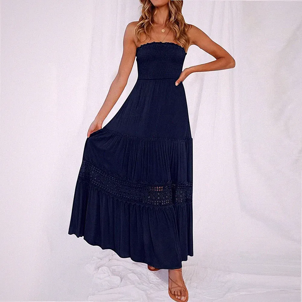 M¬Größe Damen Kleider Sommer Freizeit Damen Sommer Bohemian Trägerlos Schulterfrei